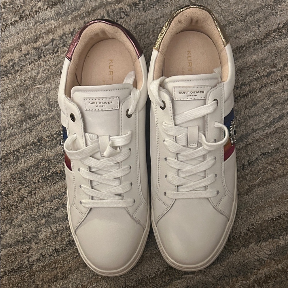 Kurt Geiger White Sneakers with Red, Blue, and Gold Details